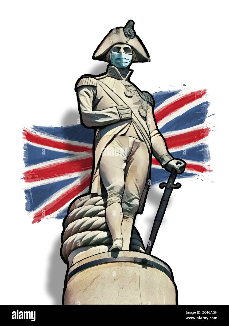 Pandemie Großbritannien, britische Symbole mit antiviraler medizinischer Maske Stockfoto