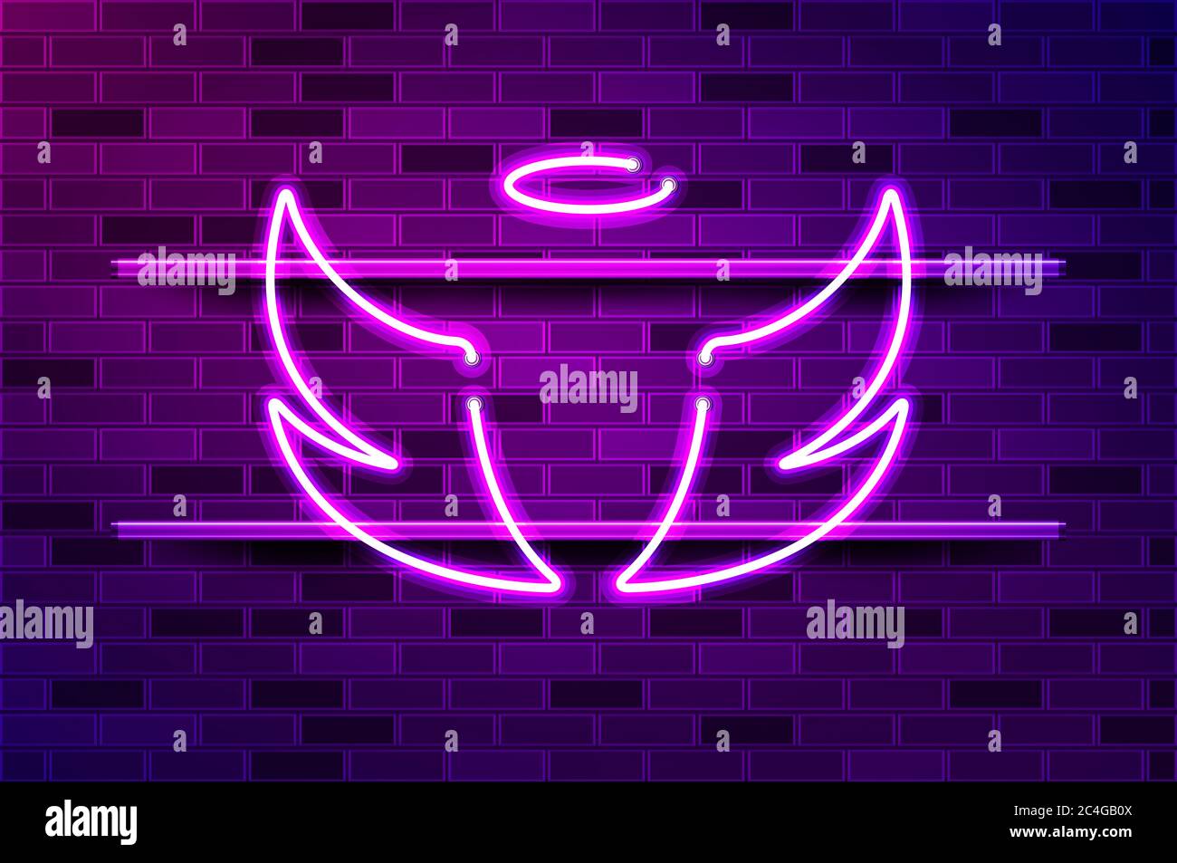 Engel Flügel und Halo glühenden Neon Zeichen oder LED-Streifen Licht. Realistische Darstellung. Lila Ziegelwand, violette Glow, Metallhalter. Stockfoto