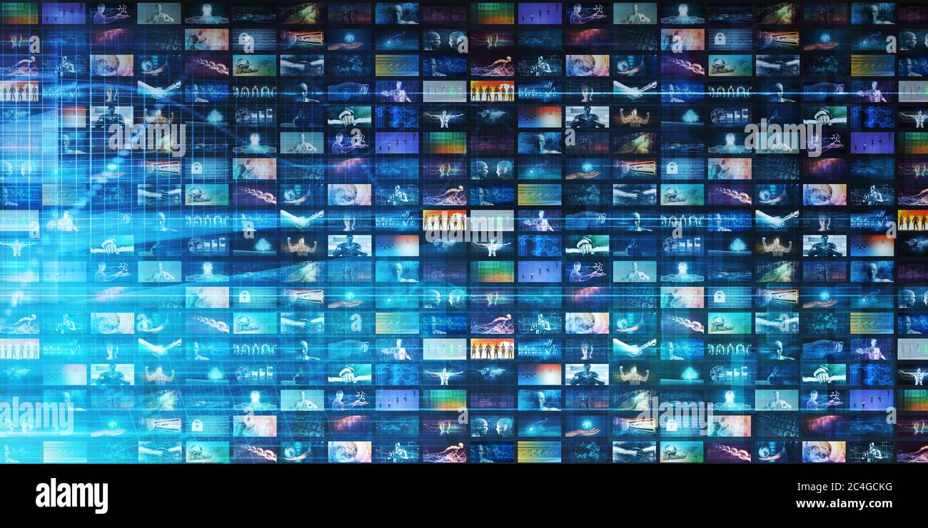 Video-Marketing-Konzept mit fließenden Bildschirmen Wand Stockfoto