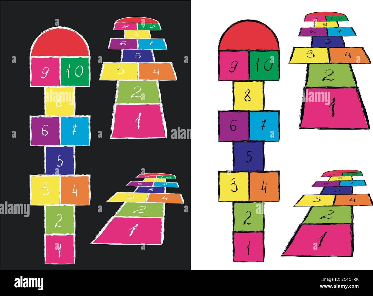 Helle hopscotch Vorlage. Vektorgrafik. Schwarz auf Weiß, Weiß auf Schwarz Stock Vektor