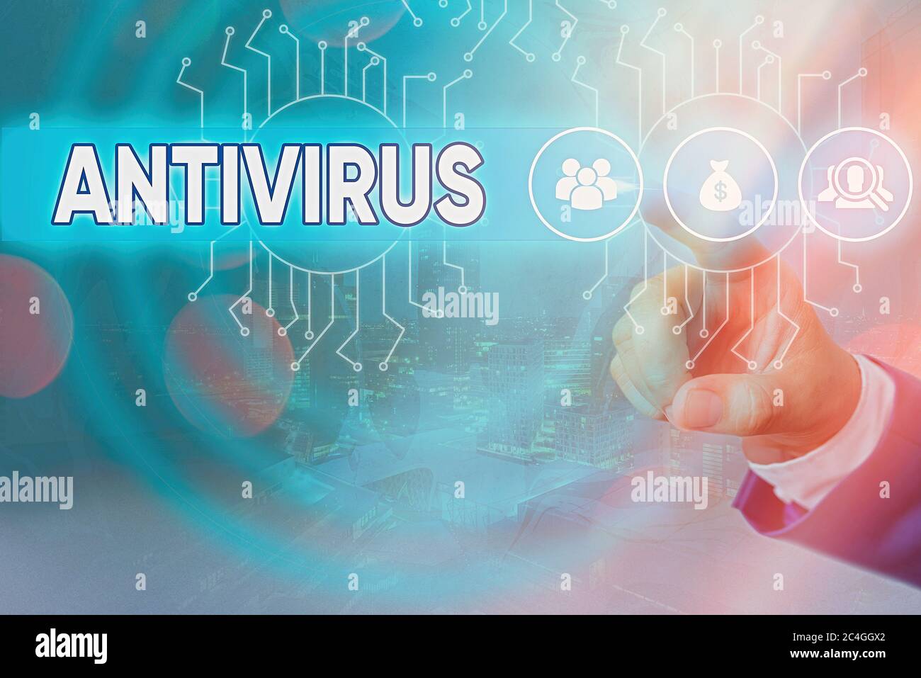 Notiz mit Antivirus. Geschäftskonzept zur Erkennung und Entfernung von Computerviren Systemadministratorensteuerung, Zahnradkons Stockfoto