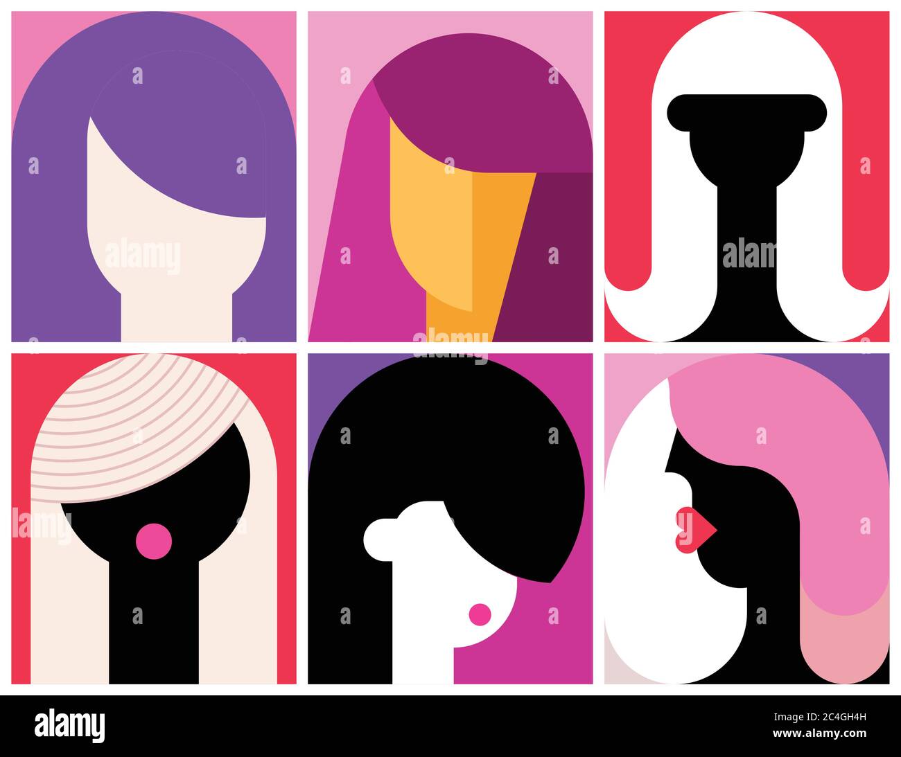 Sechs gesichtslose Porträts von Frauen Moderne Kunst Vektor Illustration. Komposition verschiedener abstrakter Bilder von weiblichem Gesicht. Stock Vektor