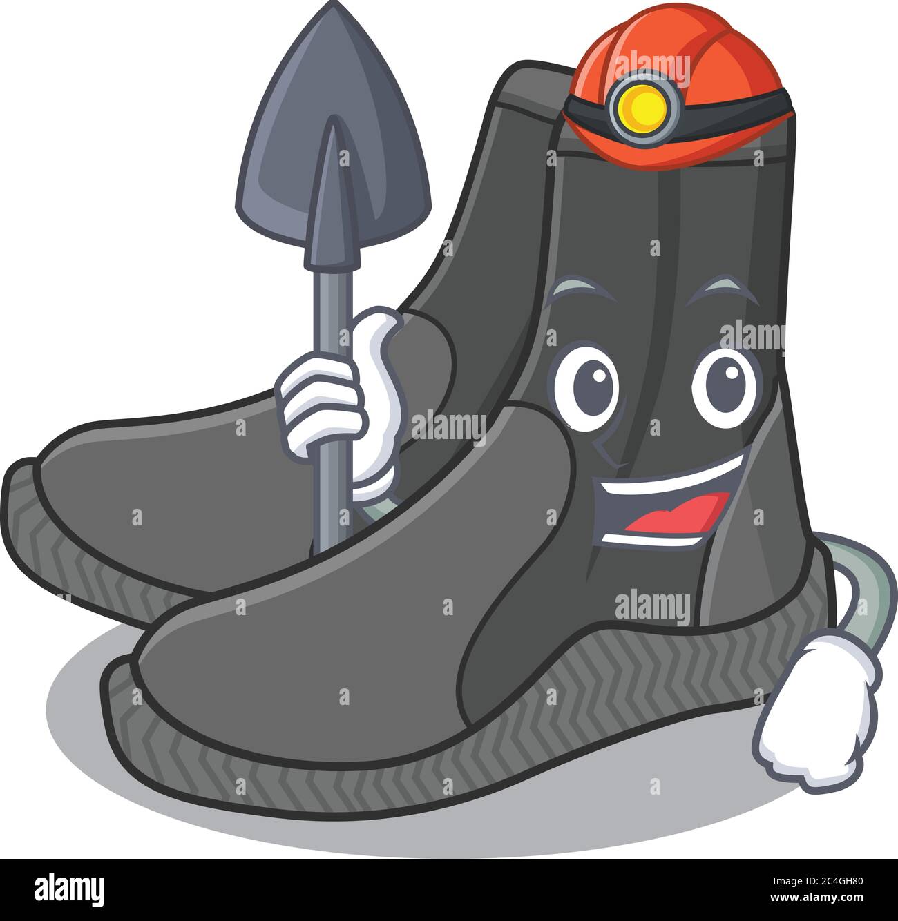 Dive Booties Cartoon-Bild-Design als Bergmann mit Werkzeug und Helm Stock Vektor