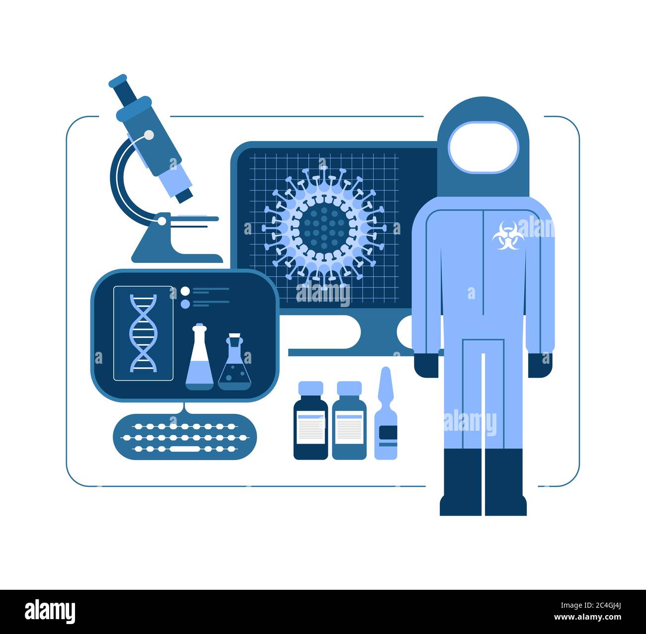 Monochrome blaue Designelemente isoliert auf weißem Hintergrund. Forschung in Medikamenten und Impfstoffen zur Bekämpfung von Covid-19 Konzept Vektor Illustration. Mann i Stock Vektor