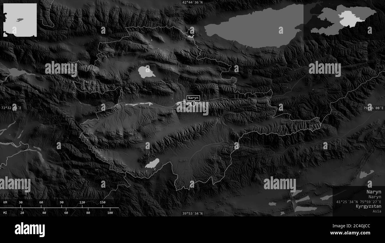 Naryn, Provinz Kirgisistan. Graustufen-Karte mit Seen und Flüssen. Form präsentiert gegen seine Landesfläche mit informativen Überlagerungen. 3D-Rendering Stockfoto