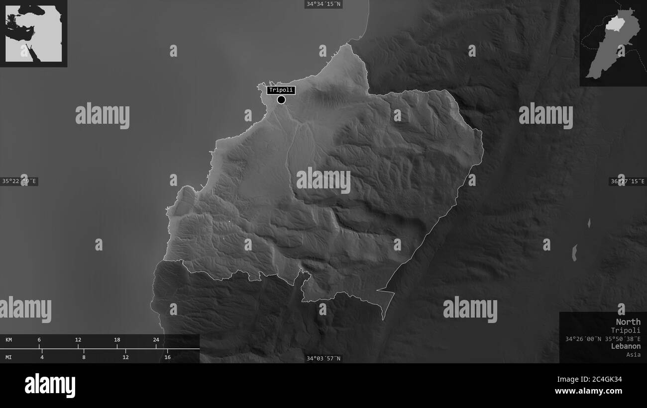 Norden, Gouvernement des Libanon. Graustufen-Karte mit Seen und Flüssen. Form präsentiert gegen seine Landesfläche mit informativen Überlagerungen. 3D-Rendering Stockfoto