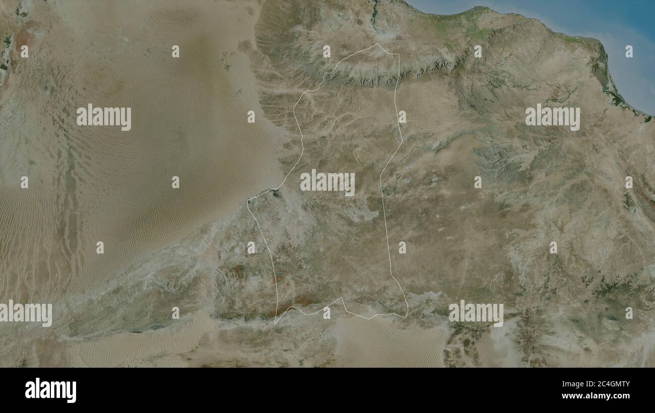 Nalut, Bezirk von Libyen. Satellitenbilder. Form, die gegenüber dem Landesgebiet umrissen ist. 3D-Rendering Stockfoto