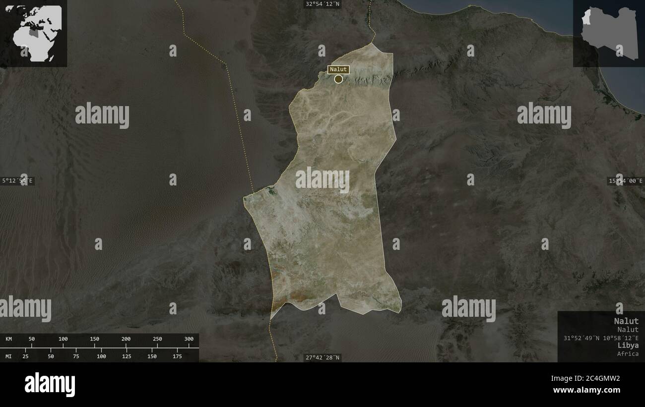 Nalut, Bezirk von Libyen. Satellitenbilder. Form präsentiert gegen seine Landesfläche mit informativen Überlagerungen. 3D-Rendering Stockfoto