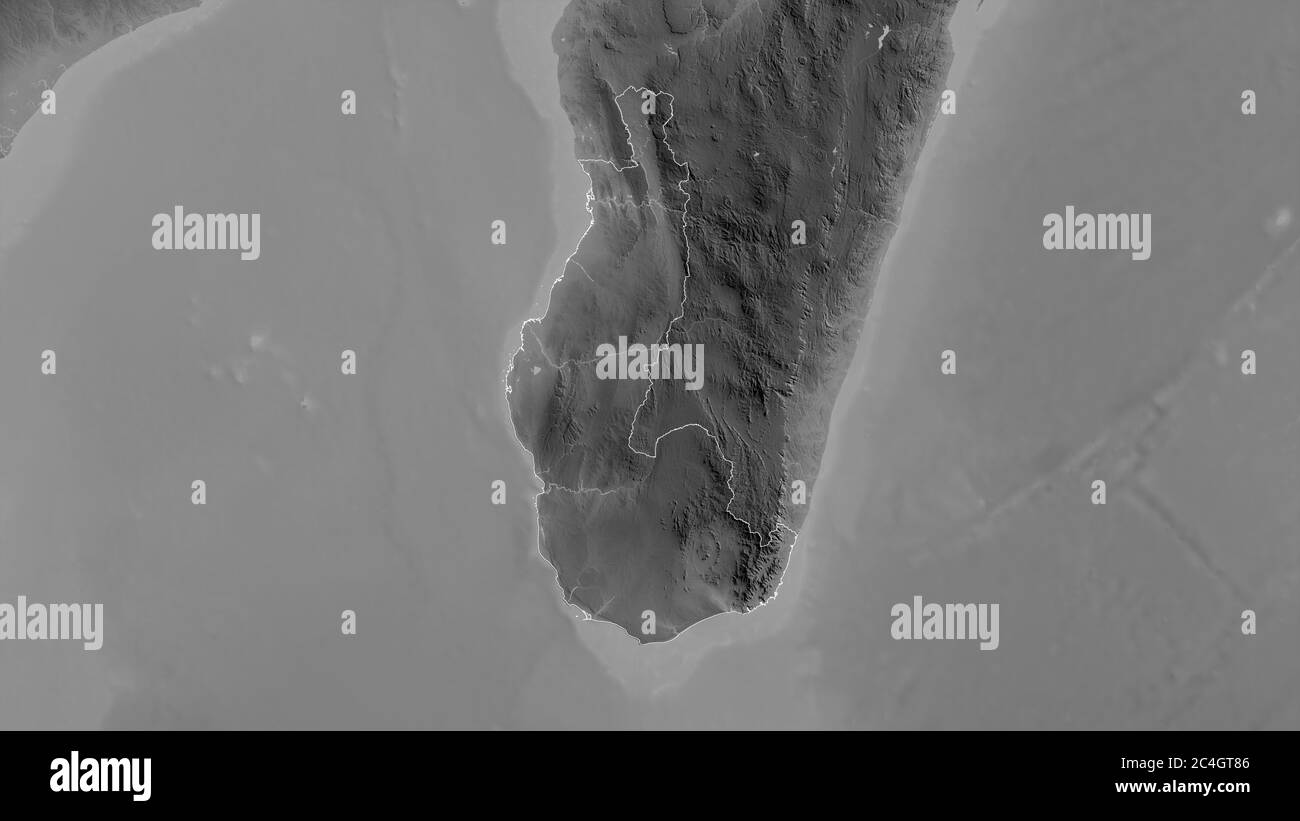 Toliary, autonome Provinz Madagaskar. Graustufen-Karte mit Seen und Flüssen. Form, die gegenüber dem Landesgebiet umrissen ist. 3D-Rendering Stockfoto