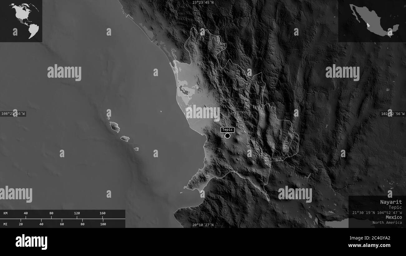 Nayarit, Bundesstaat Mexiko. Graustufen-Karte mit Seen und Flüssen. Form präsentiert gegen seine Landesfläche mit informativen Überlagerungen. 3D-Rendering Stockfoto