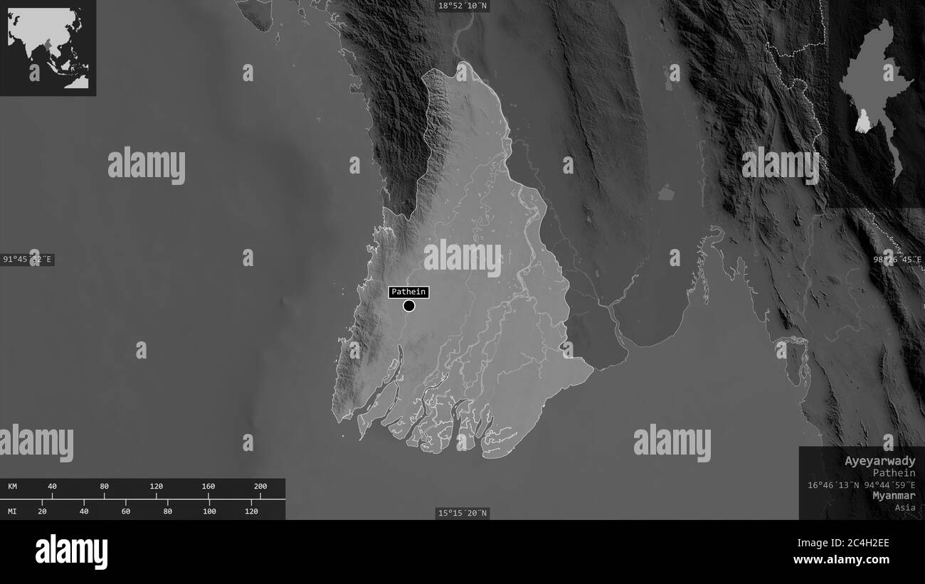 Ayeyarwady, Division von Myanmar. Graustufen-Karte mit Seen und Flüssen. Form präsentiert gegen seine Landesfläche mit informativen Überlagerungen. 3D-Renderin Stockfoto