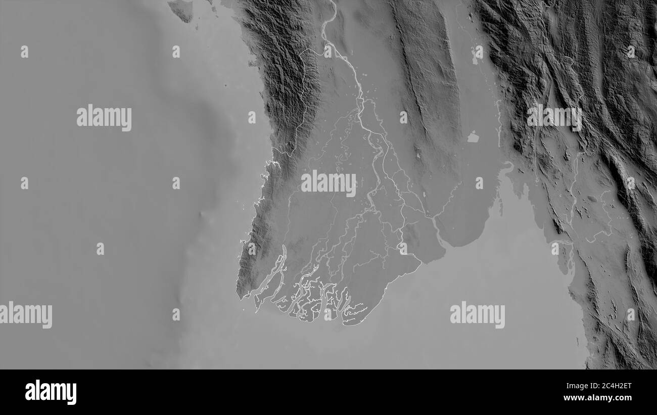 Ayeyarwady, Division von Myanmar. Graustufen-Karte mit Seen und Flüssen. Form, die gegenüber dem Landesgebiet umrissen ist. 3D-Rendering Stockfoto