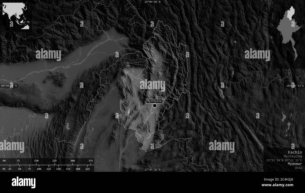 Kachin, Bundesstaat Myanmar. Graustufen-Karte mit Seen und Flüssen. Form präsentiert gegen seine Landesfläche mit informativen Überlagerungen. 3D-Rendering Stockfoto
