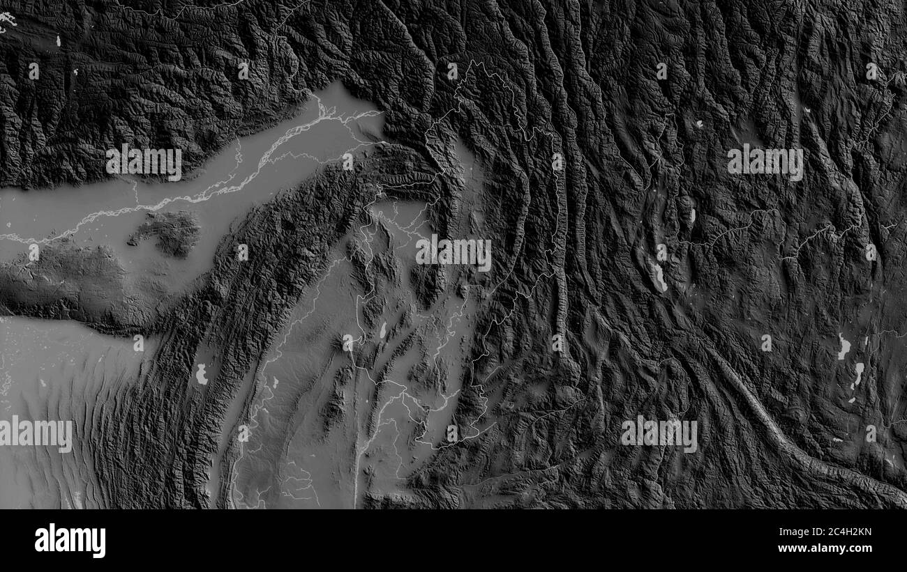 Kachin, Bundesstaat Myanmar. Graustufen-Karte mit Seen und Flüssen. Form, die gegenüber dem Landesgebiet umrissen ist. 3D-Rendering Stockfoto