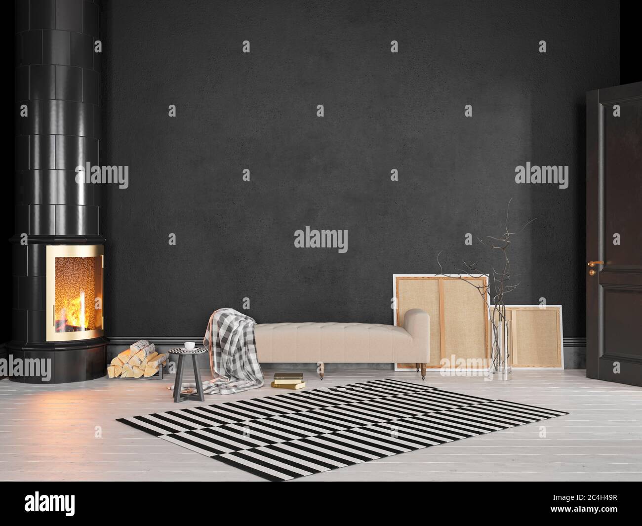 Schwarz skandinavisch, klassische Einrichtung mit Couch, Herd, Kamin,  Teppich. 3d-Rendering-Illustration – Modell Stockfotografie - Alamy
