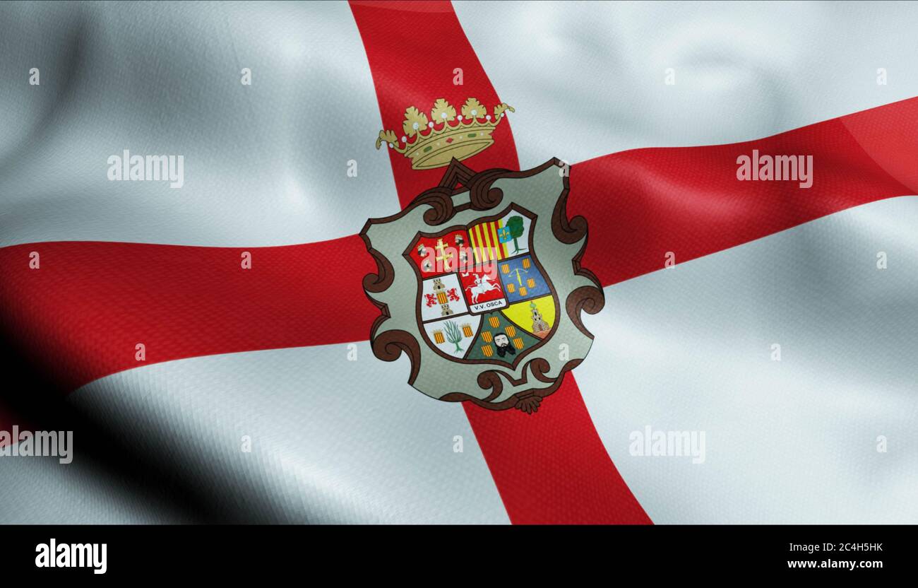 3D-Illustration einer wogenden Provinzflagge von Huesca (Spanien) Stockfoto