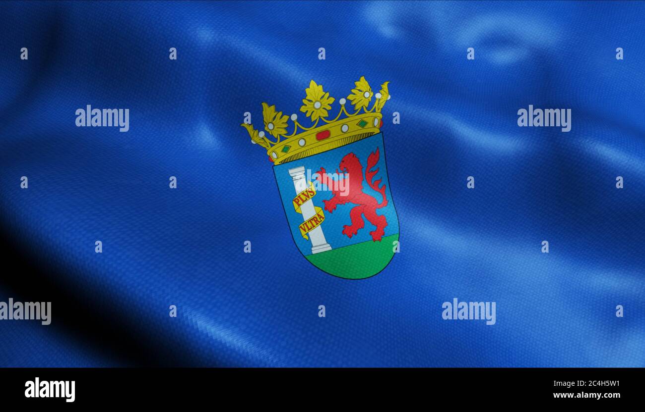 3D-Illustration einer wogenden Provinzflagge von Badajoz (Spanien) Stockfoto