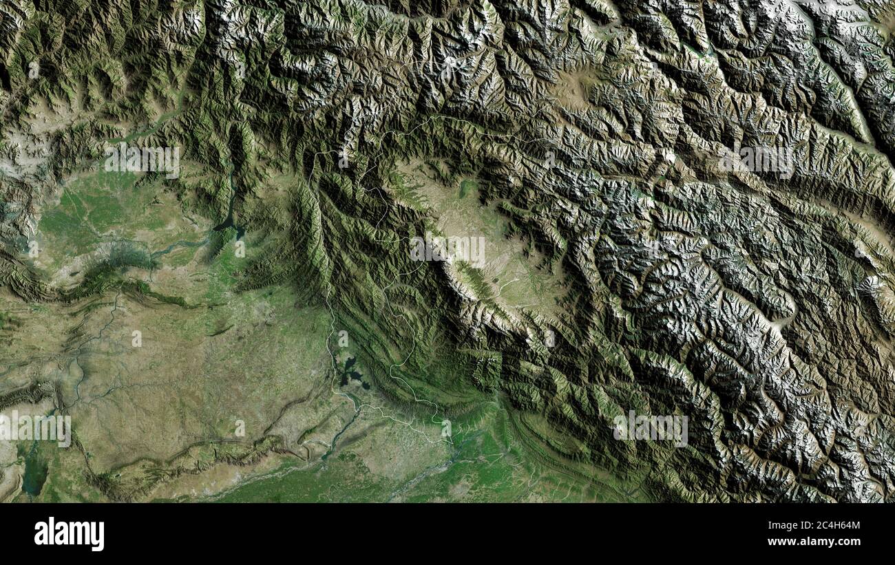 Azad Kaschmir, zentral verwaltete Gebiet von Pakistan. Satellitenbilder. Form, die gegenüber dem Landesgebiet umrissen ist. 3D-Rendering Stockfoto