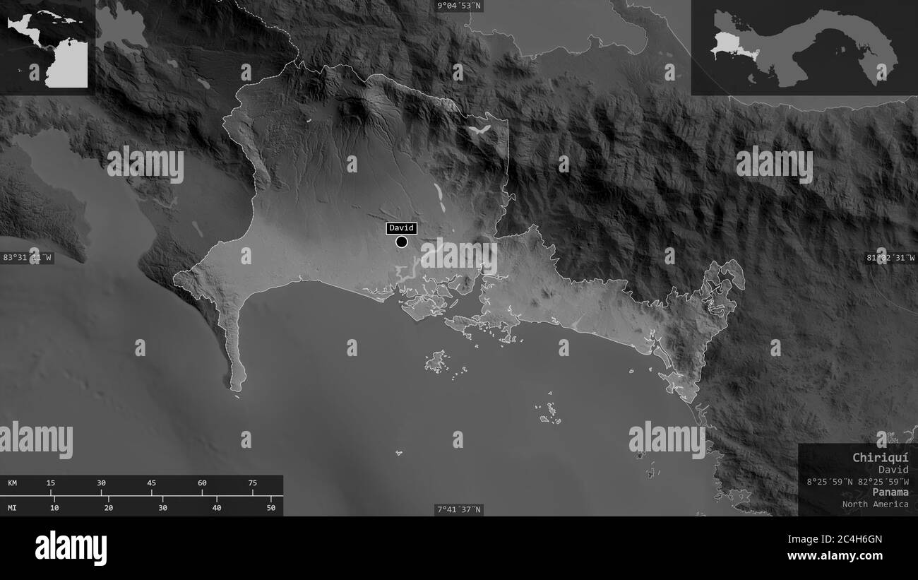 Chiriquí, Provinz Panama. Graustufen-Karte mit Seen und Flüssen. Form präsentiert gegen seine Landesfläche mit informativen Überlagerungen. 3D-Rendering Stockfoto