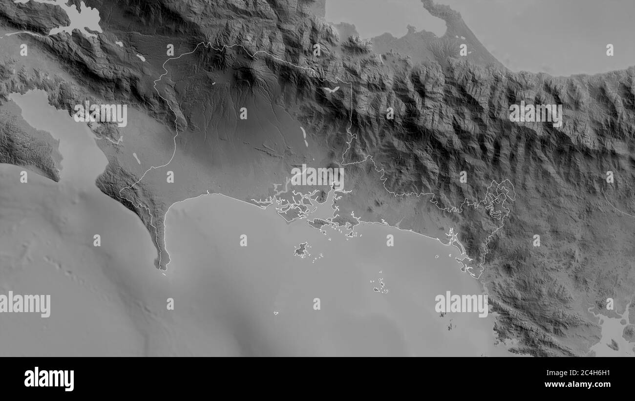Chiriquí, Provinz Panama. Graustufen-Karte mit Seen und Flüssen. Form, die gegenüber dem Landesgebiet umrissen ist. 3D-Rendering Stockfoto
