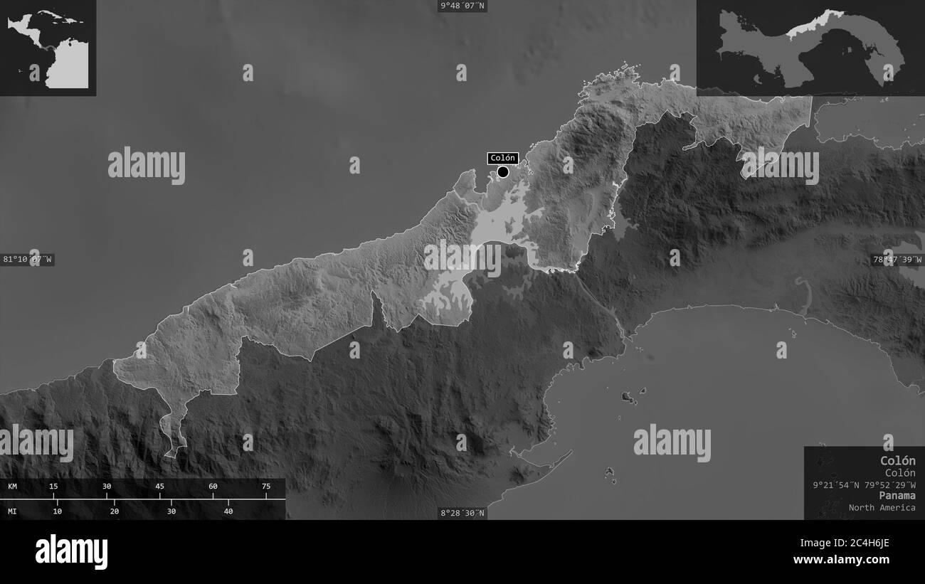 Colón, Provinz Panama. Graustufen-Karte mit Seen und Flüssen. Form präsentiert gegen seine Landesfläche mit informativen Überlagerungen. 3D-Rendering Stockfoto