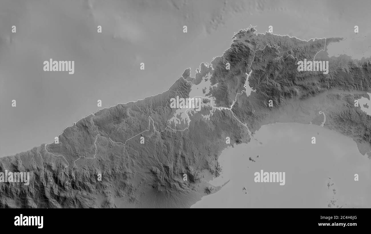 Colón, Provinz Panama. Graustufen-Karte mit Seen und Flüssen. Form, die gegenüber dem Landesgebiet umrissen ist. 3D-Rendering Stockfoto