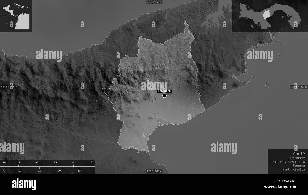 Coclé, Provinz Panama. Graustufen-Karte mit Seen und Flüssen. Form präsentiert gegen seine Landesfläche mit informativen Überlagerungen. 3D-Rendering Stockfoto