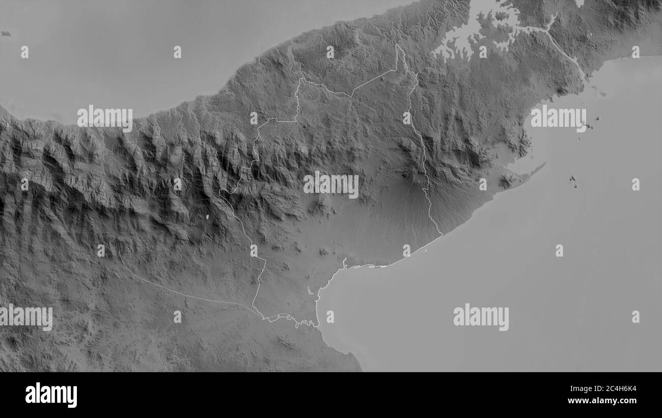 Coclé, Provinz Panama. Graustufen-Karte mit Seen und Flüssen. Form, die gegenüber dem Landesgebiet umrissen ist. 3D-Rendering Stockfoto