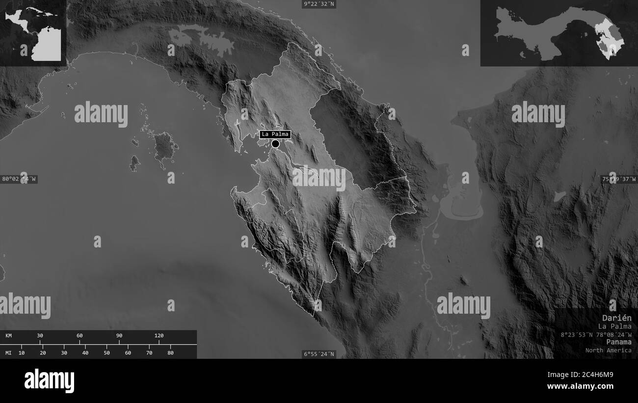 Darién, Provinz Panama. Graustufen-Karte mit Seen und Flüssen. Form präsentiert gegen seine Landesfläche mit informativen Überlagerungen. 3D-Rendering Stockfoto