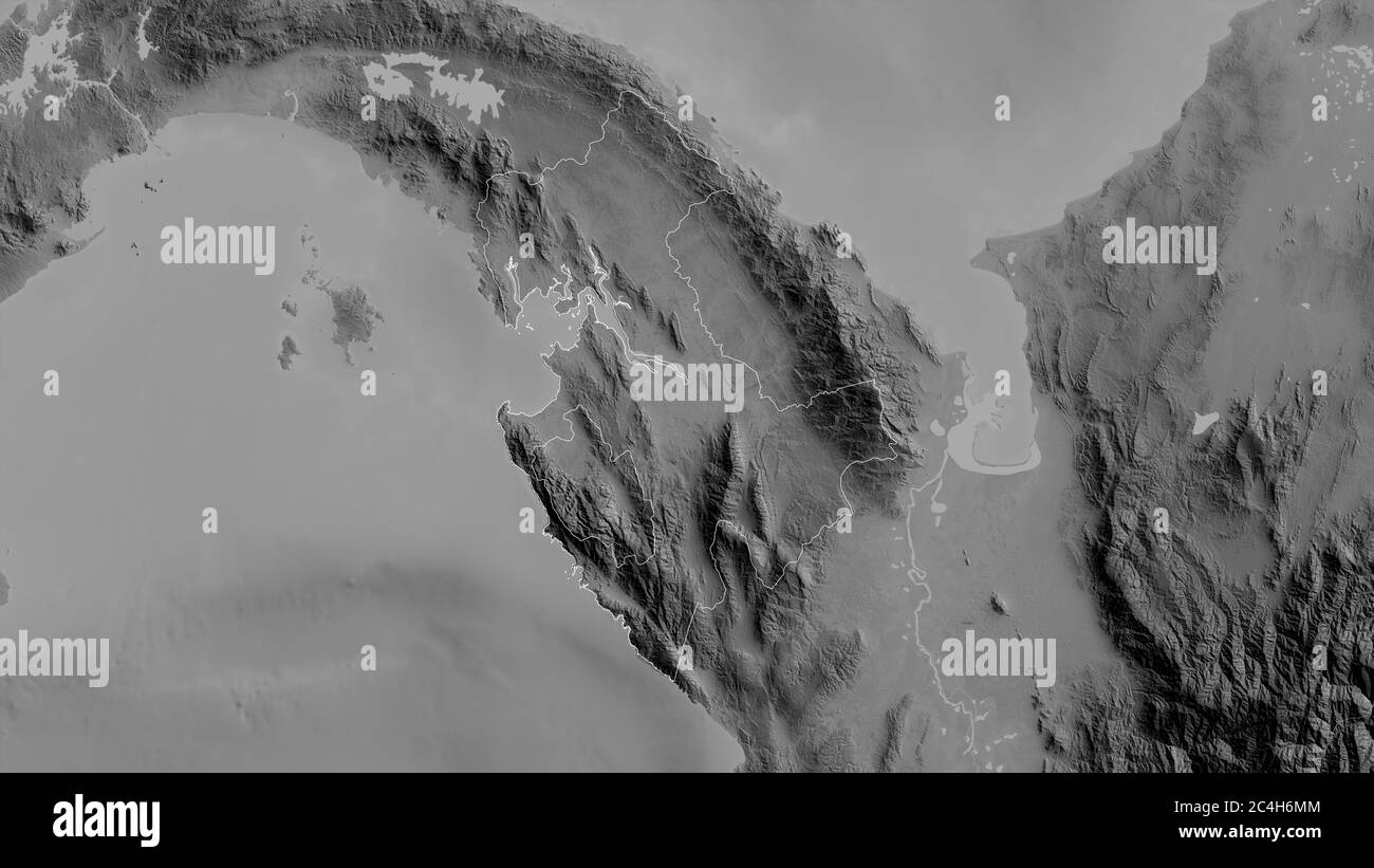 Darién, Provinz Panama. Graustufen-Karte mit Seen und Flüssen. Form, die gegenüber dem Landesgebiet umrissen ist. 3D-Rendering Stockfoto