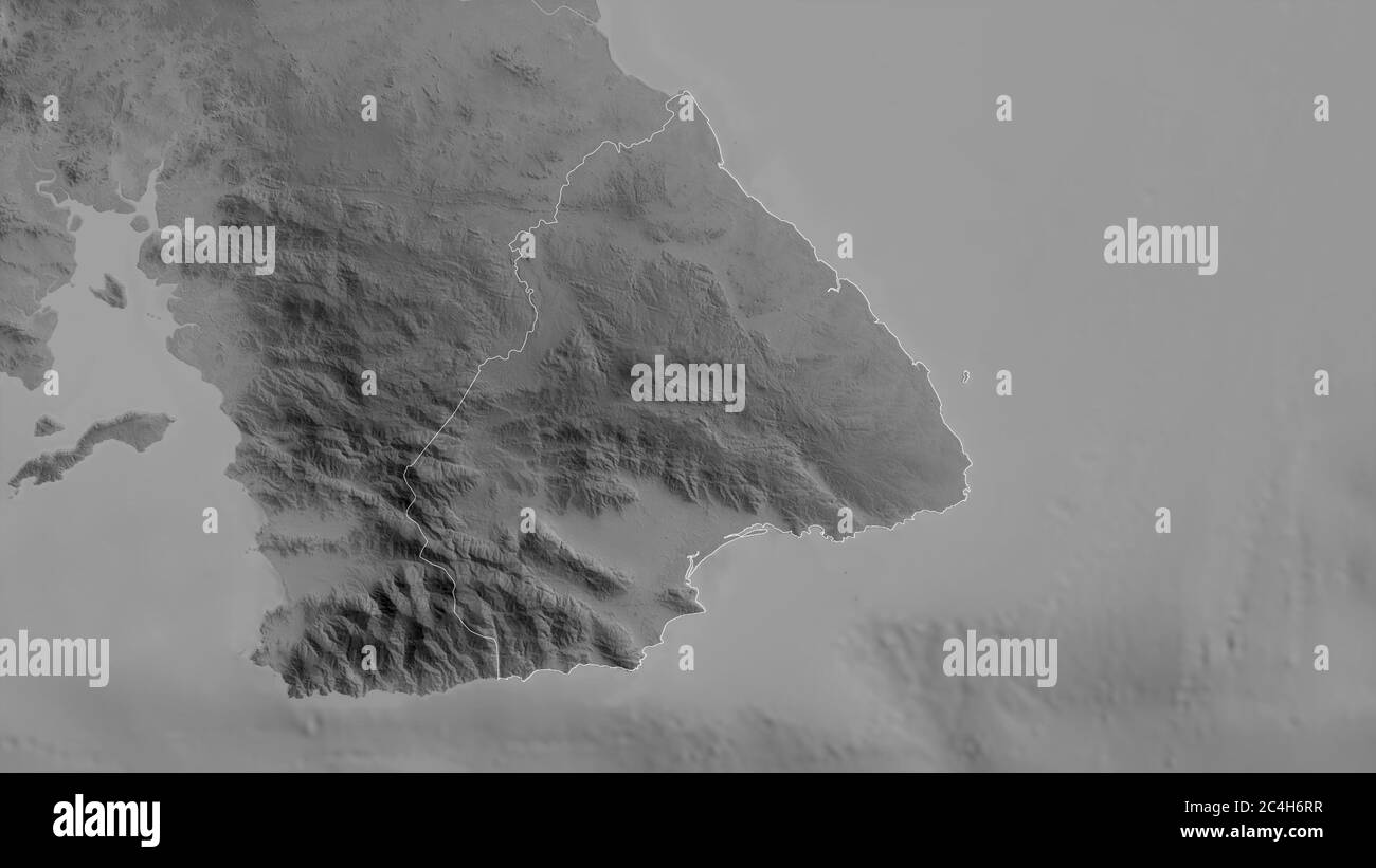 Los Santos, Provinz Panama. Graustufen-Karte mit Seen und Flüssen. Form, die gegenüber dem Landesgebiet umrissen ist. 3D-Rendering Stockfoto