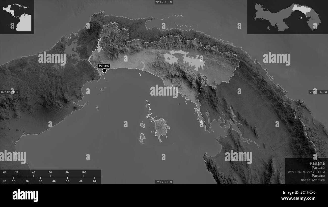 Panamá, Provinz Panama. Graustufen-Karte mit Seen und Flüssen. Form präsentiert gegen seine Landesfläche mit informativen Überlagerungen. 3D-Rendering Stockfoto