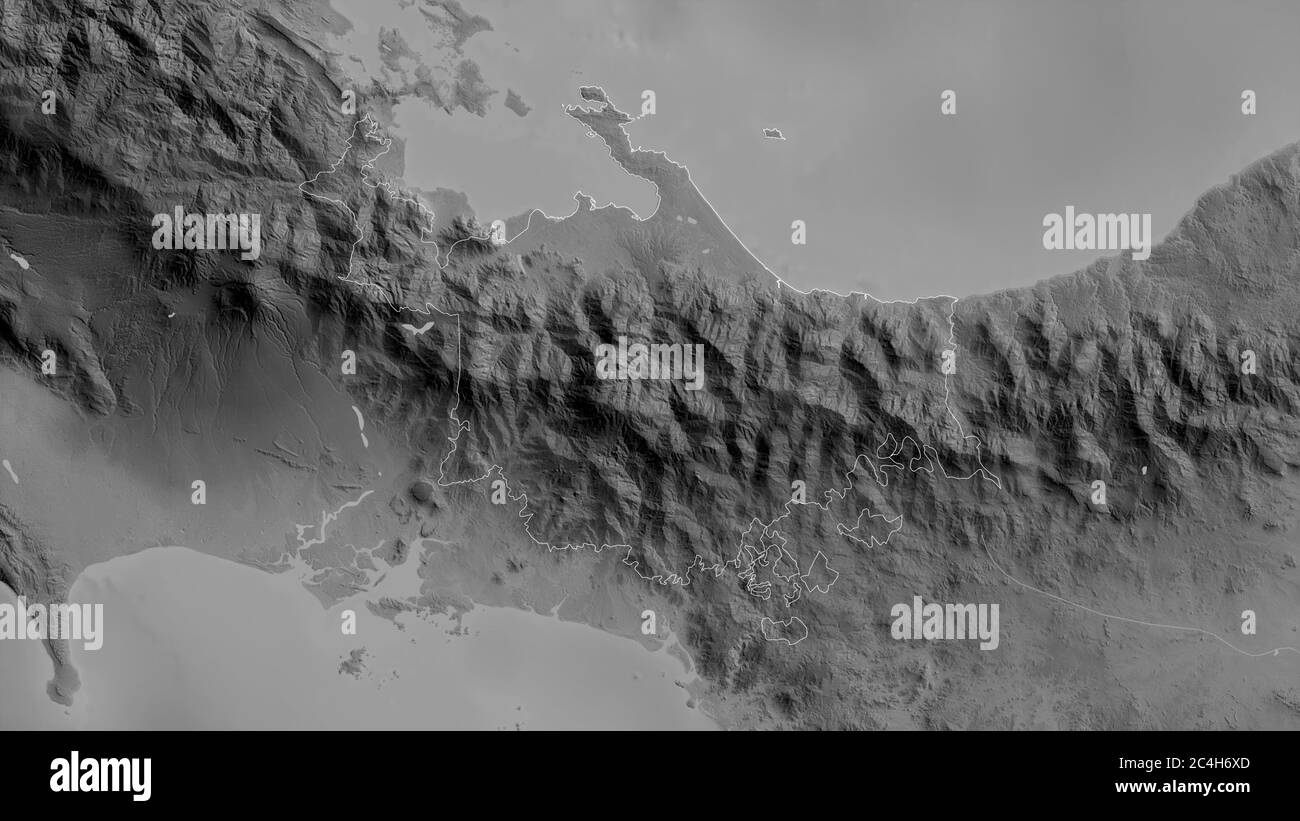Ngöbe Buglé, indigenes Gebiet von Panama. Graustufen-Karte mit Seen und Flüssen. Form, die gegenüber dem Landesgebiet umrissen ist. 3D-Rendering Stockfoto