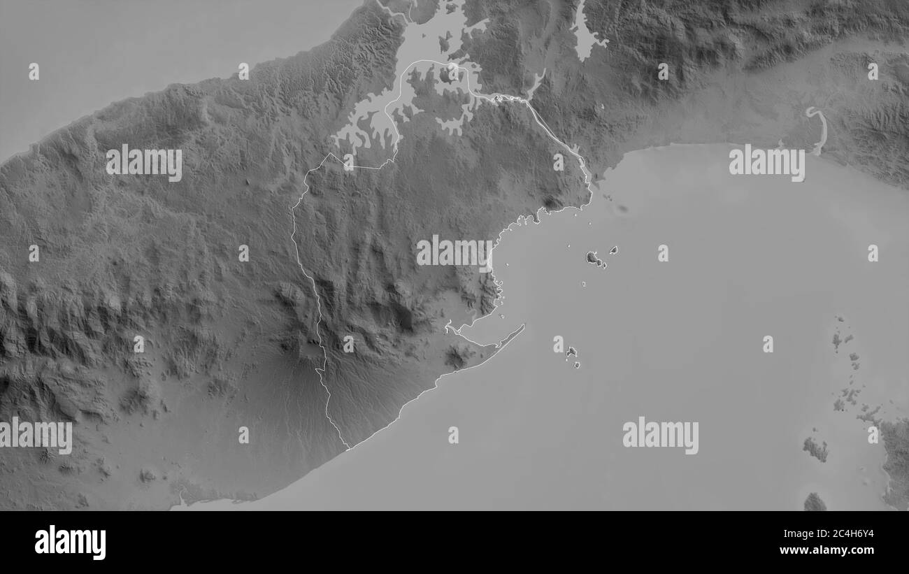 Panamá Oeste, Provinz Panama. Graustufen-Karte mit Seen und Flüssen. Form, die gegenüber dem Landesgebiet umrissen ist. 3D-Rendering Stockfoto