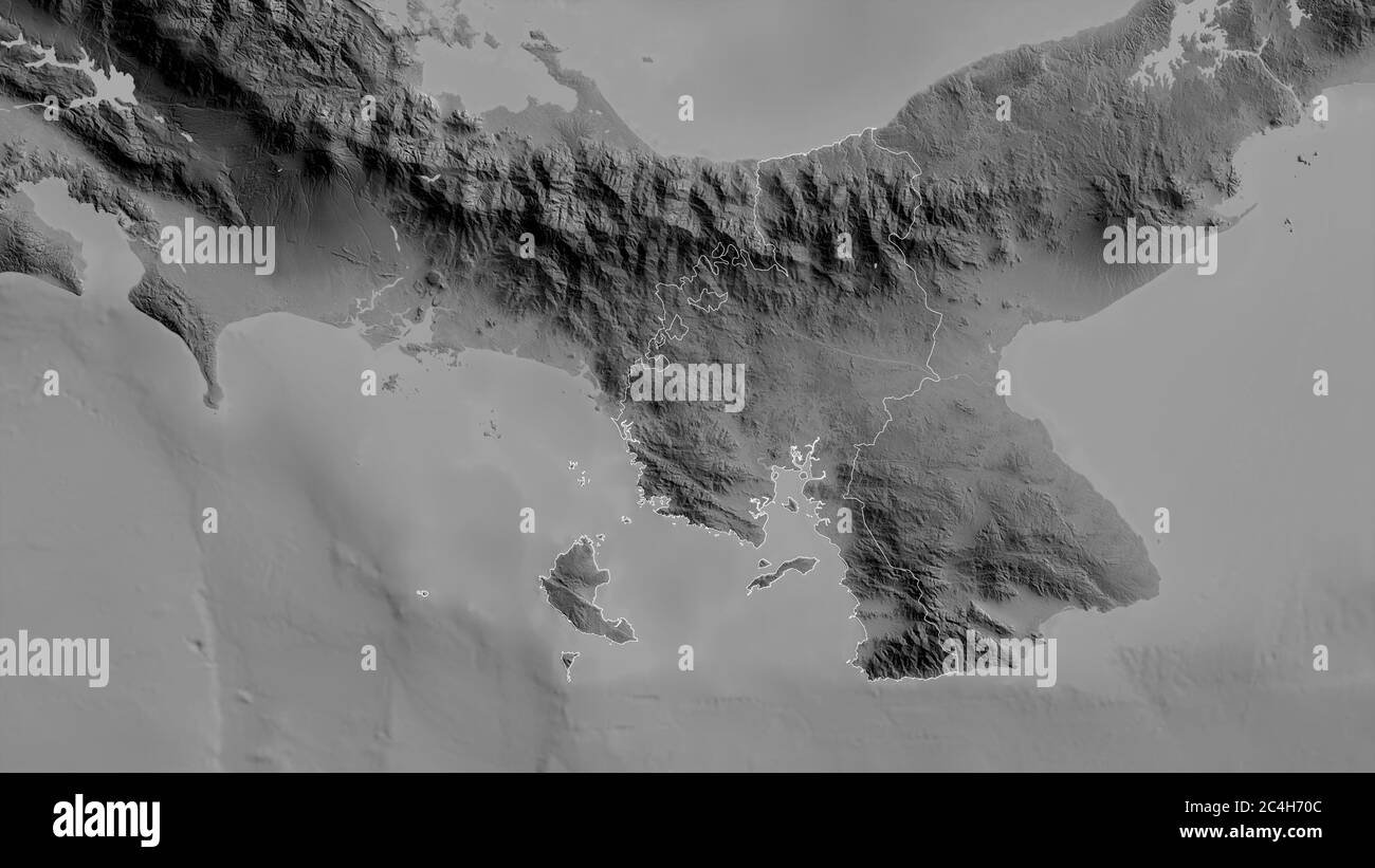 Veraguas, Provinz Panama. Graustufen-Karte mit Seen und Flüssen. Form, die gegenüber dem Landesgebiet umrissen ist. 3D-Rendering Stockfoto