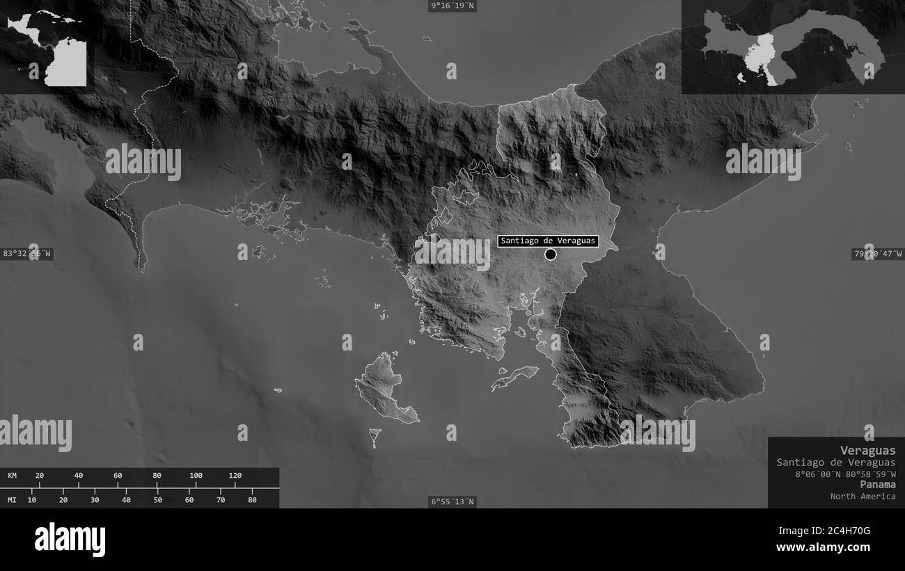 Veraguas, Provinz Panama. Graustufen-Karte mit Seen und Flüssen. Form präsentiert gegen seine Landesfläche mit informativen Überlagerungen. 3D-Rendering Stockfoto
