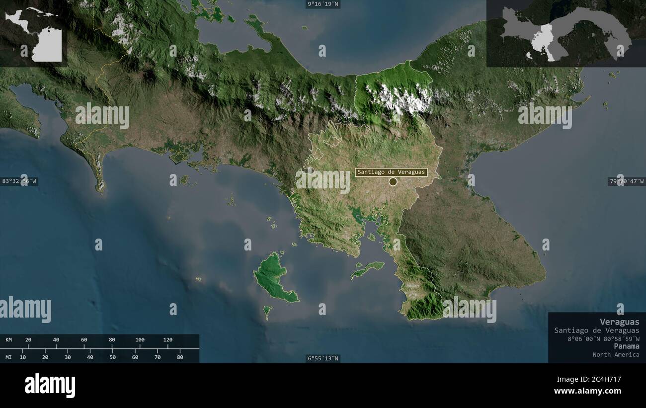 Veraguas, Provinz Panama. Satellitenbilder. Form präsentiert gegen seine Landesfläche mit informativen Überlagerungen. 3D-Rendering Stockfoto