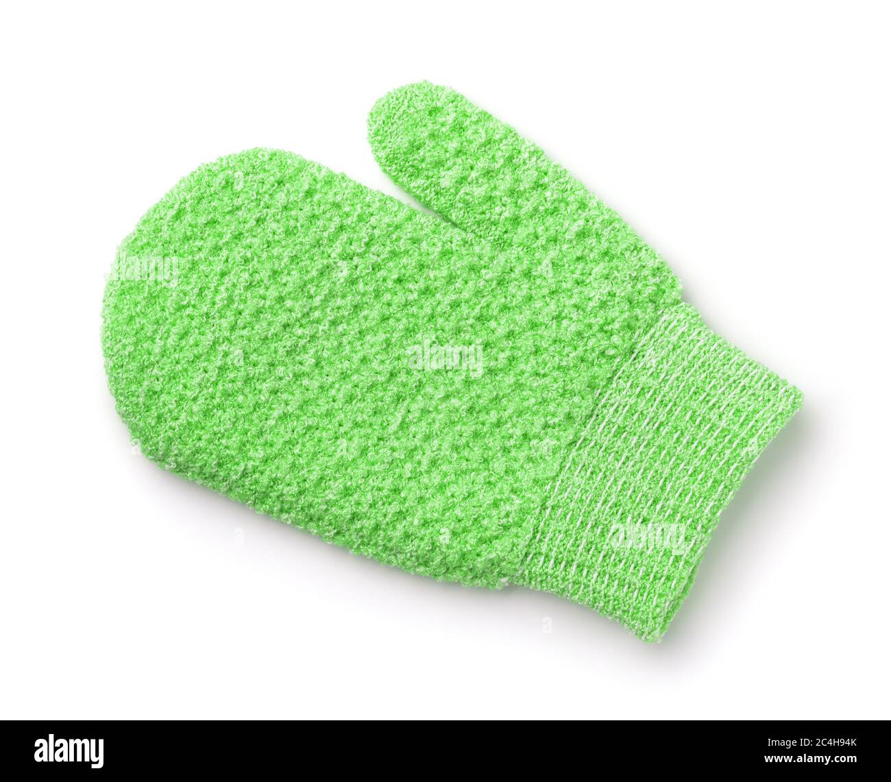 Draufsicht auf grün Peeling Körperpeeling Handschuh isoliert auf weiß Stockfoto