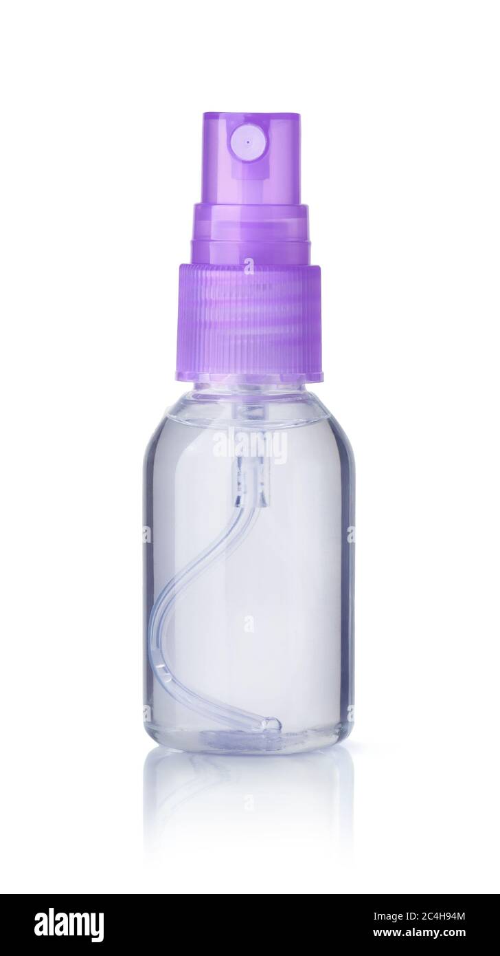 Vorderansicht des kleine Plastik Sprühflasche isoliert auf weißem Stockfoto