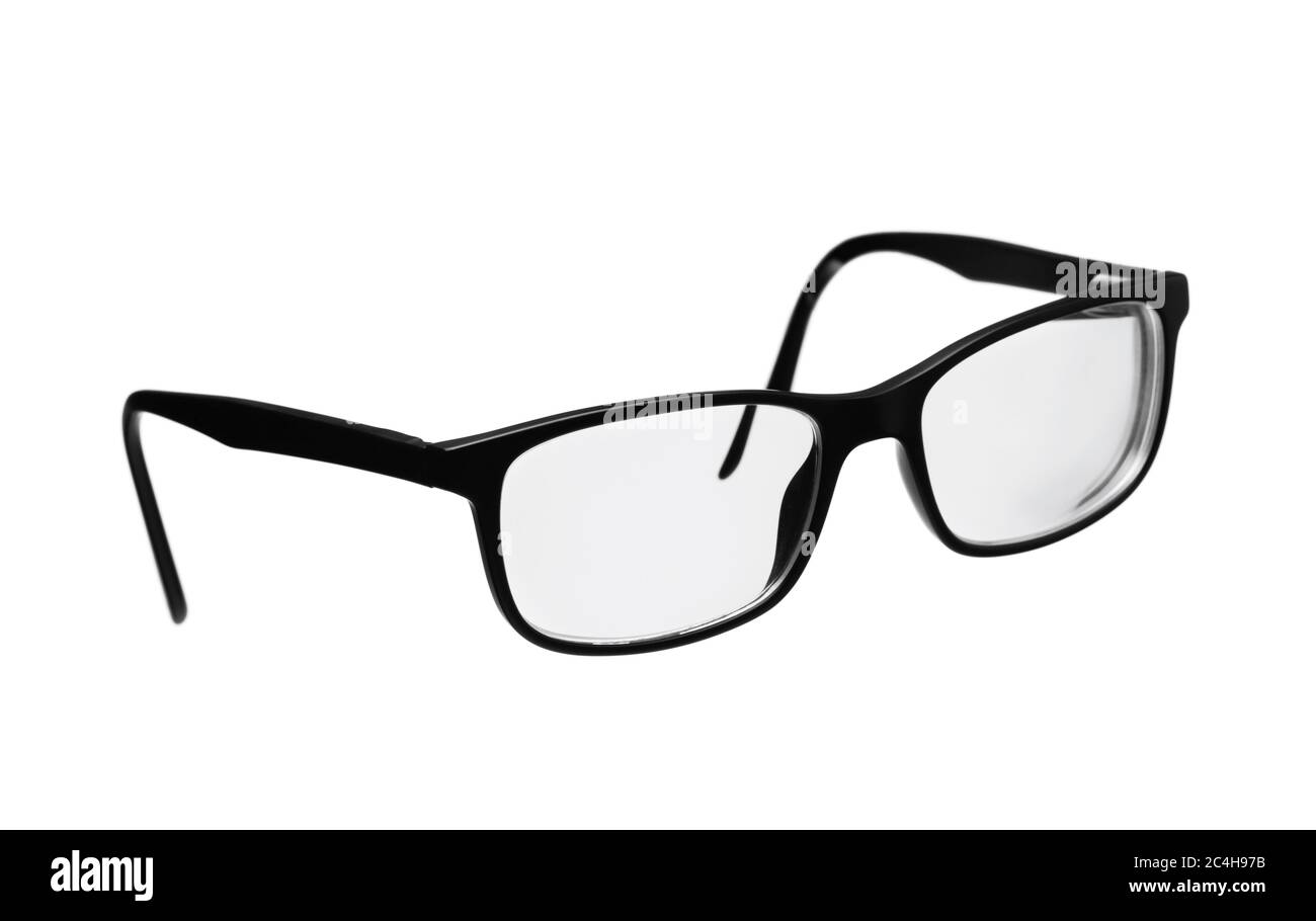 Schwarz gerahmte klassische Brillen isoliert auf weiß Stockfoto
