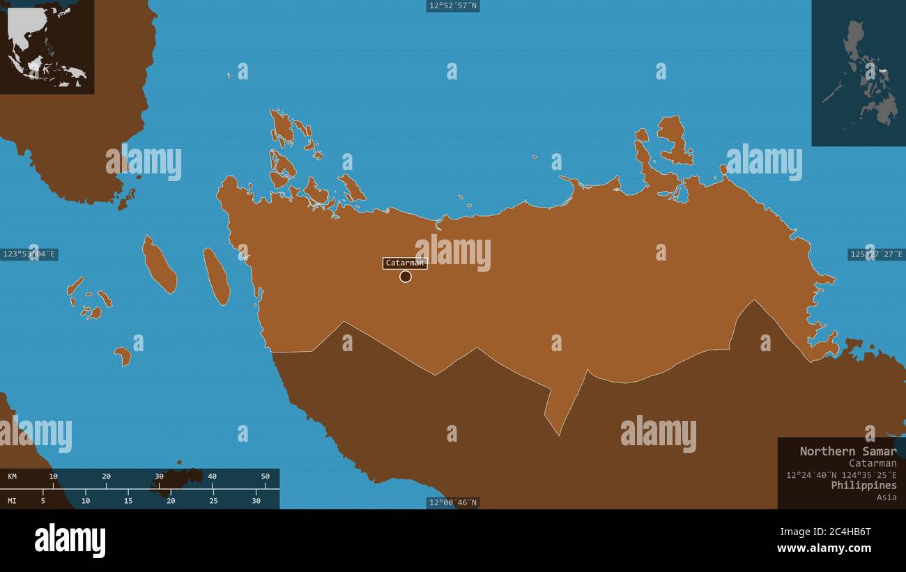 Nord-Samar, Provinz Philippinen. Gemusterte Feststoffe mit Seen und Flüssen. Form präsentiert gegen seine Landesfläche mit informativen Überlagerungen. 3 Stockfoto