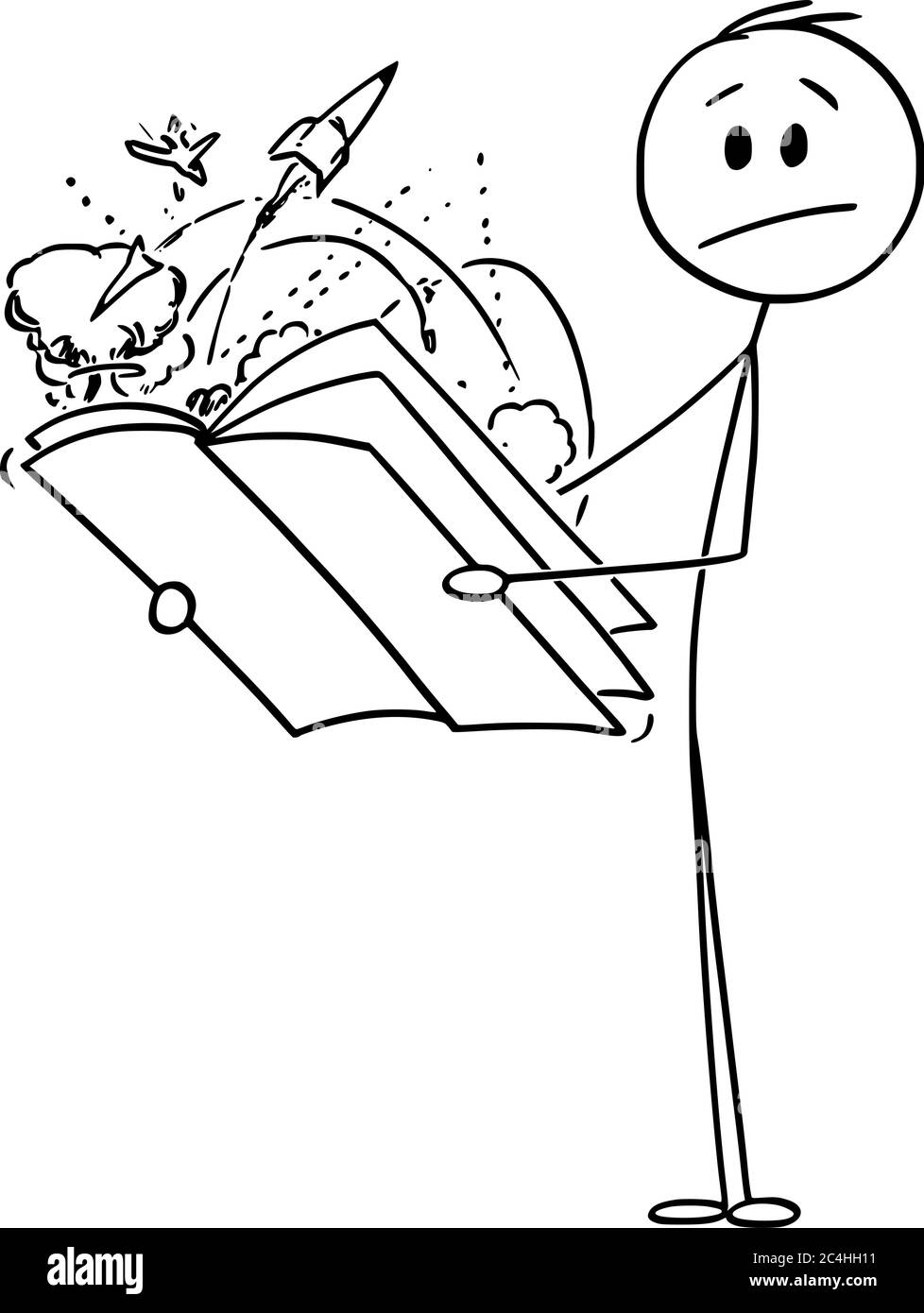 Vektor Cartoon Stick Figur Zeichnung konzeptionelle Illustration von verwirrt oder schockiert Mann Lesemagazin, Zeitschrift oder Zeitungen über Krieg, Konflikt, Massaker oder Angriff. Stock Vektor