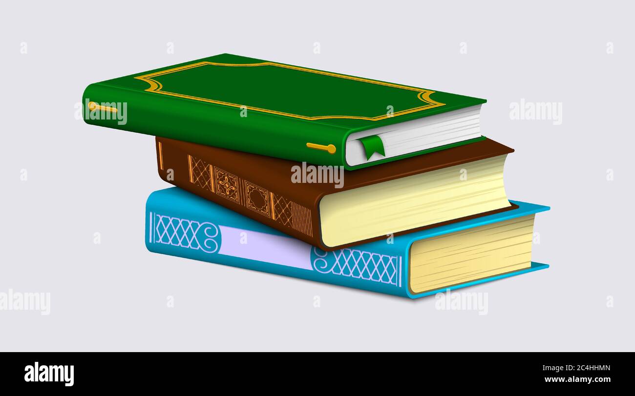 Ein Stapel von Büchern, isoliert auf weißem Hintergrund. Bunt gemusterte Dornen und Lesezeichen auf realistischen Bestseller. Vektorgrafik. Stock Vektor