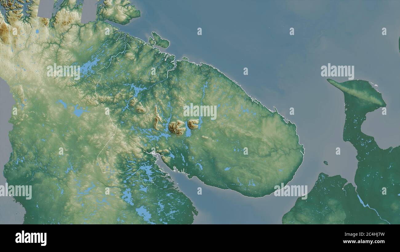 Murmansk, Region von Russland. Farbiges Relief mit Seen und Flüssen. Form, die gegenüber dem Landesgebiet umrissen ist. 3D-Rendering Stockfoto