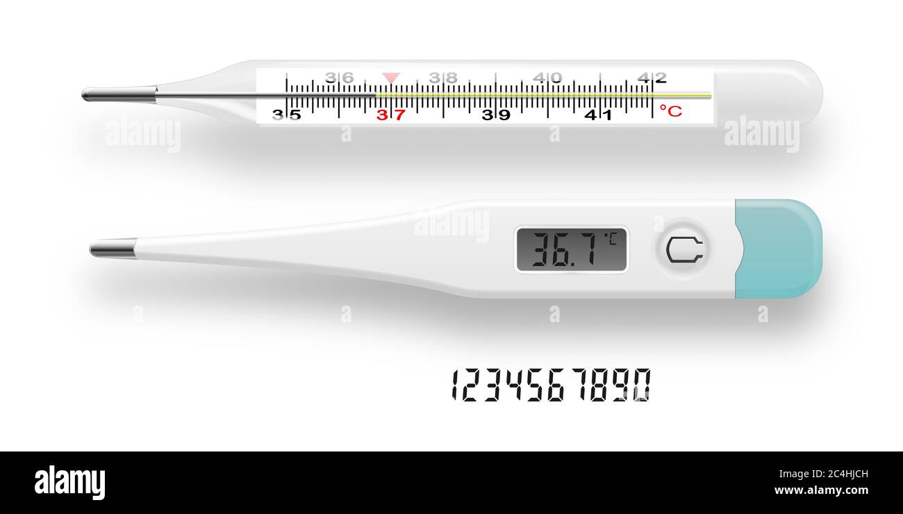 Thermometer-Set. Realistische Sammlung von digitalen und Quecksilber-Thermometer für Web-Design isoliert auf weißem Hintergrund. Vektorgrafik. Stock Vektor