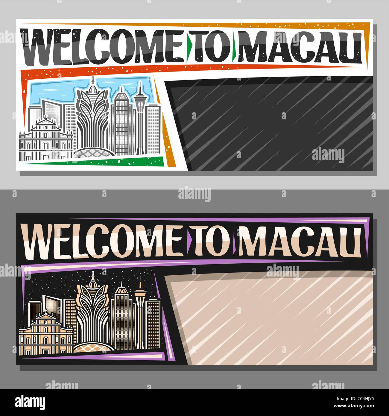 Vektor-Layouts für Macau mit Copyspace, dekorativen Gutschein mit Linie Illustration der berühmten macau Stadtlandschaft am Tag und Abenddämmerung Himmel Hintergrund, Art desi Stock Vektor