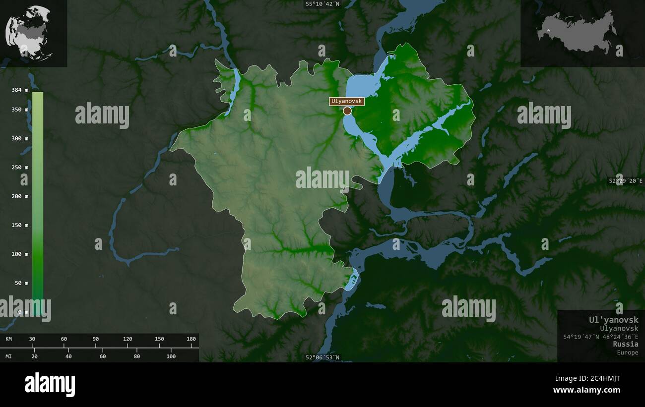 UL'yanovsk, Region von Russland. Farbige Shader-Daten mit Seen und Flüssen. Form präsentiert gegen seine Landesfläche mit informativen Überlagerungen. 3D-Rendering Stockfoto