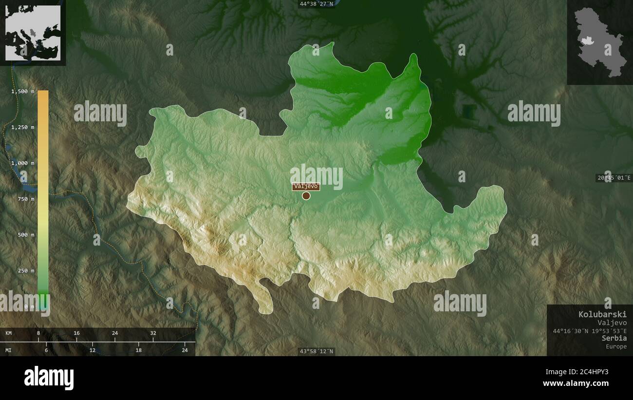 Kolubarski, Bezirk von Serbien. Farbige Shader-Daten mit Seen und Flüssen. Form präsentiert gegen seine Landesfläche mit informativen Überlagerungen. 3D-Rend Stockfoto