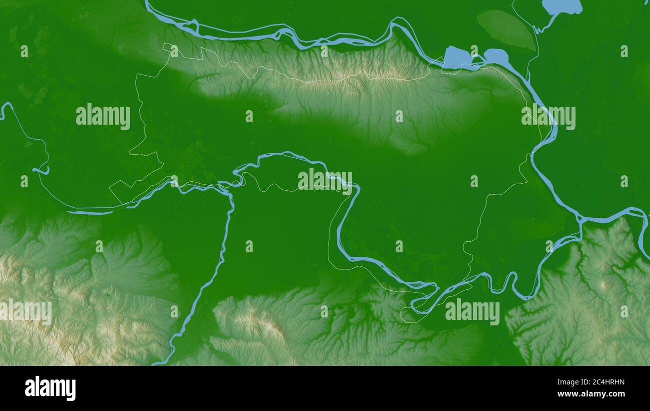 Sremski, Bezirk von Serbien. Farbige Shader-Daten mit Seen und Flüssen. Form, die gegenüber dem Landesgebiet umrissen ist. 3D-Rendering Stockfoto