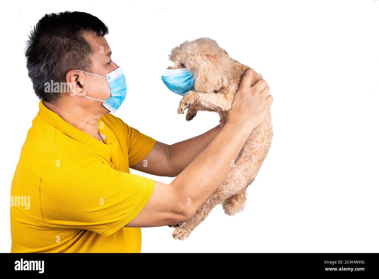 Mann und Hund mit Gesichtsmaske kuscheln und einander mit Liebe Zuneigung betrachten. Studio mit weißem Hintergrund Stockfoto